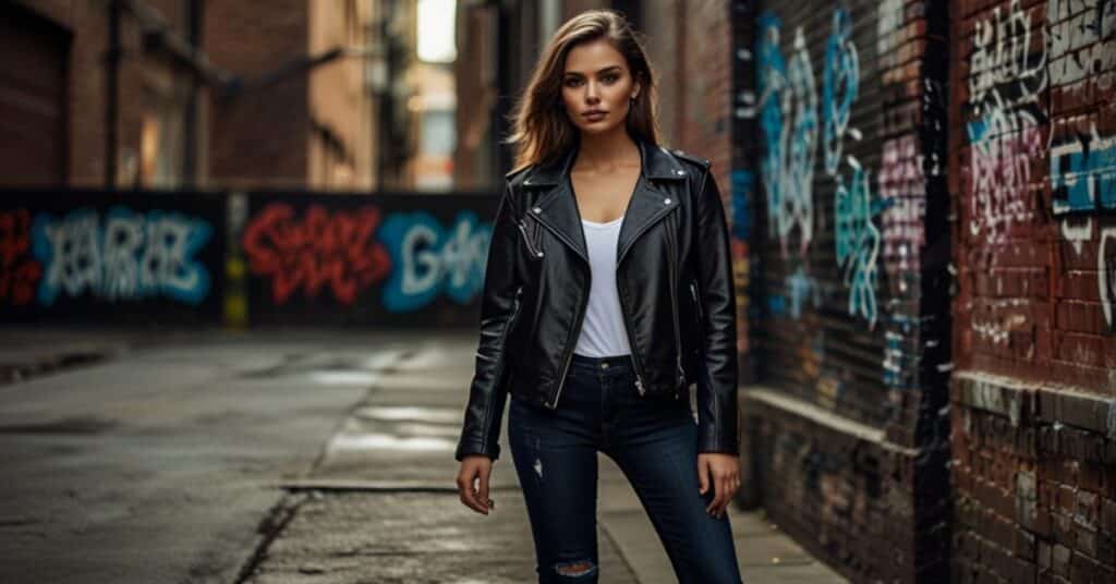 Person wearing a black leather jacket and jeans standing in an alley with graffiti-covered walls.