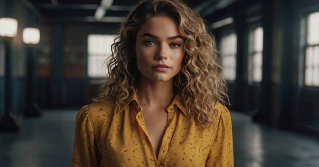 A person with curly hair wearing a yellow shirt stands in a dimly lit room with large windows and lamps on the walls.