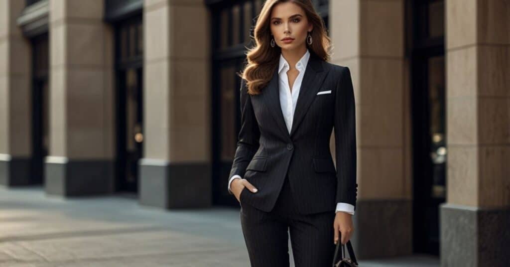 A person in a dark pinstripe suit and white shirt, standing in front of a building with hands in pockets and holding a handbag.