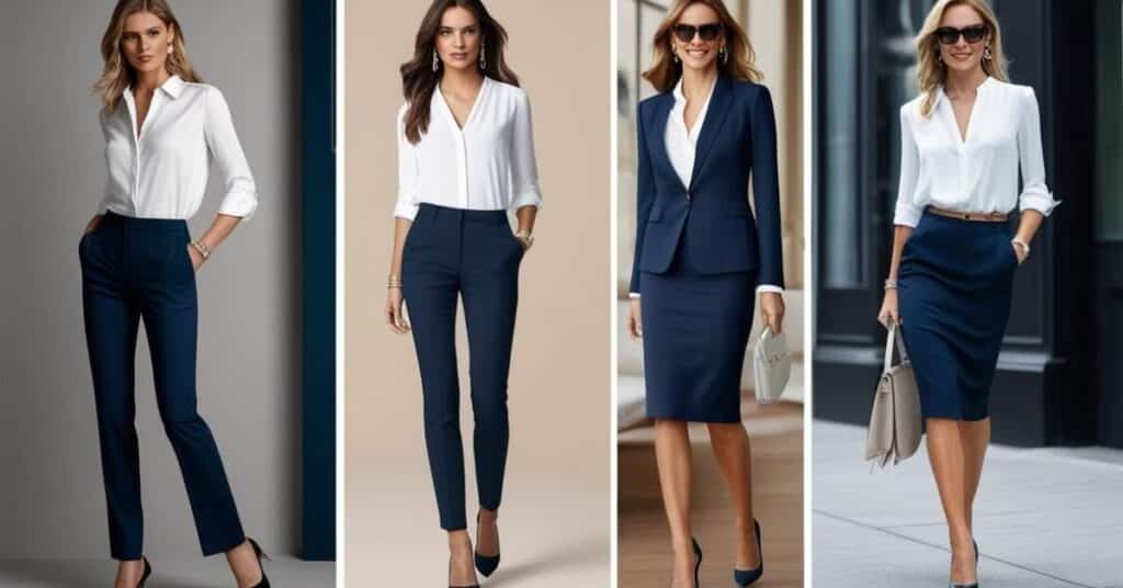 Four women wearing professional business attire, including white blouses paired with navy pants and skirts.