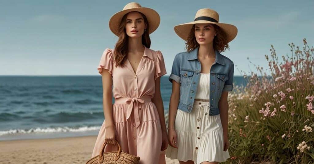 Stylish spring and summer outfits featuring light fabrics, pastel colors, and versatile pieces.