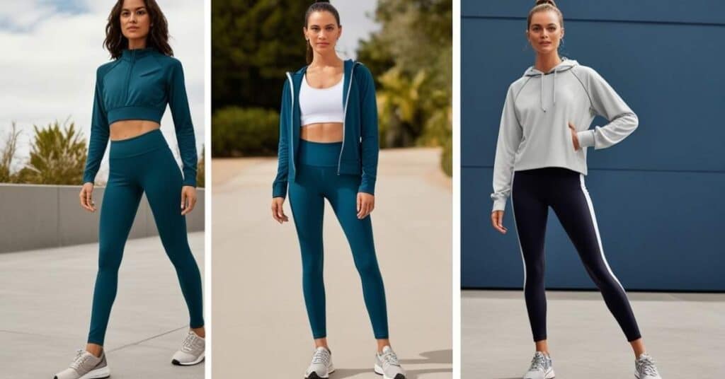 Three women wearing different activewear outfits, including teal leggings and jackets, and black leggings with a gray hoodie