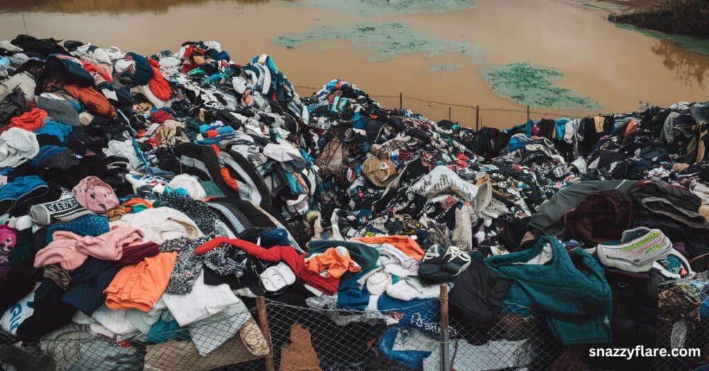 Piles of discarded clothes in a landfill, showing fast fashion’s waste problem.