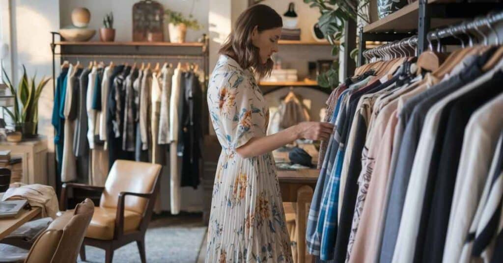 Woman shopping for second-hand clothes in a thrift store, promoting sustainable fashion.