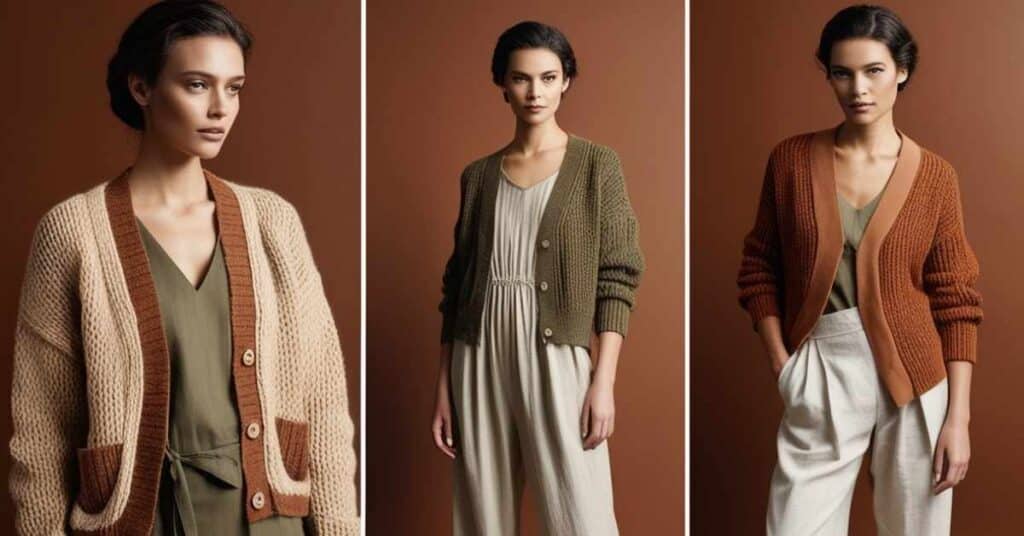 Three models wearing different styles of cardigans: beige with brown trim, olive green, and rust with tan trim.