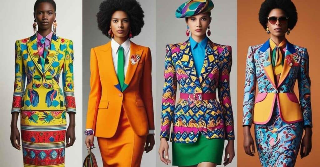 Four women wearing vibrant and colorful fashion suits with various patterns and designs