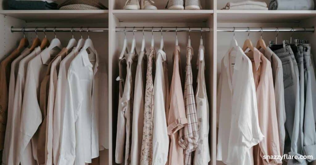 A minimalist closet with sustainable fashion staples like organic cotton and recycled denim.