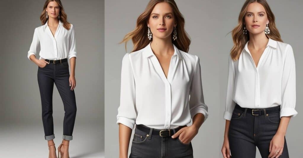 Three images showing a person wearing a white blouse and dark jeans with a belt, highlighting different angles of the outfit.