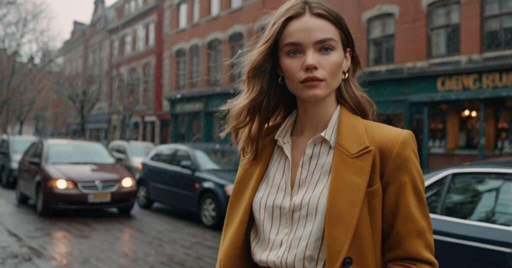 A woman in a mustard-colored coat and striped shirt walking on a city street with cars and buildings in the background