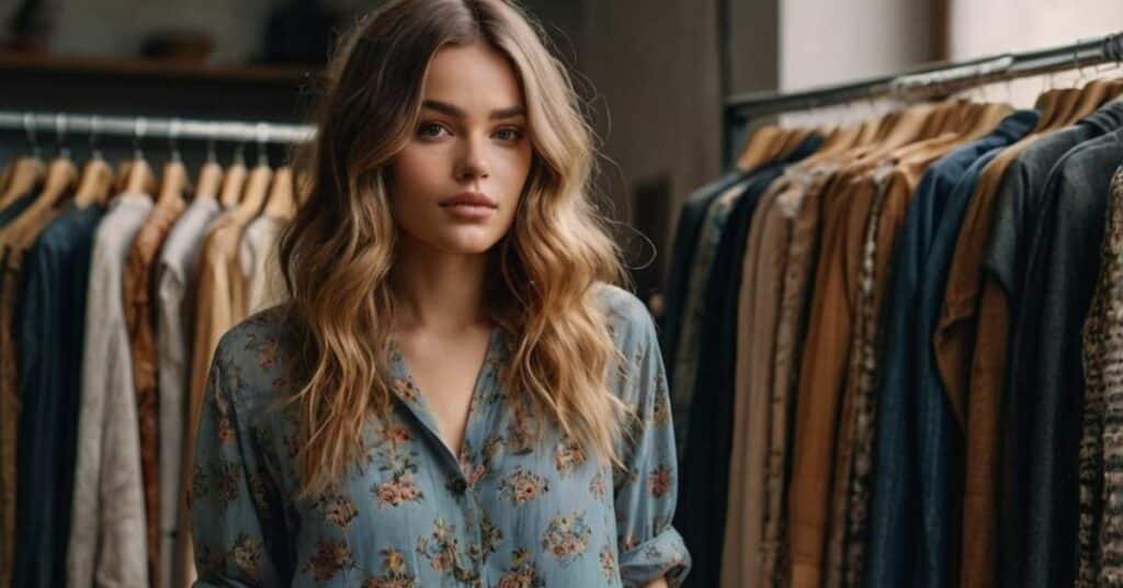 A woman with wavy hair wearing a blue floral shirt stands in front of racks of clothes in a store