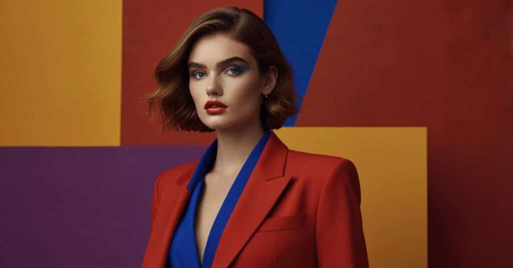 A woman wearing a red blazer and blue top stands in front of a colorful geometric background with yellow, purple, red, and blue shapes